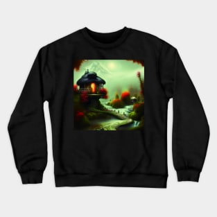 Sparkling Fantasy Cottage with Lights and Glitter Background in Forest, Scenery Nature Crewneck Sweatshirt